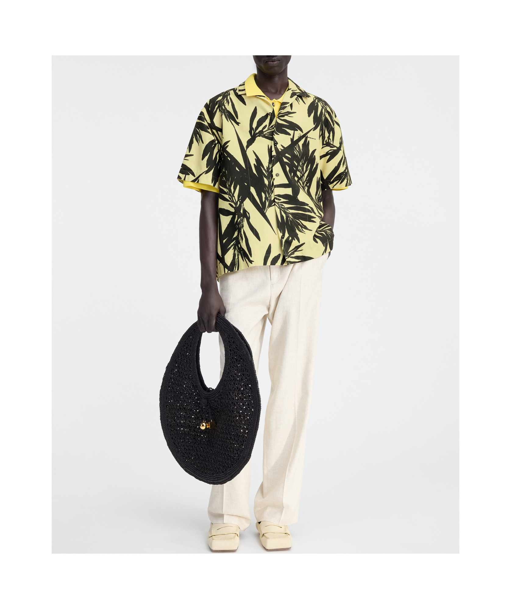 Jacquemus 'la Chemise Jean' Multicolor Bowling Shirt With Palm Print In Black