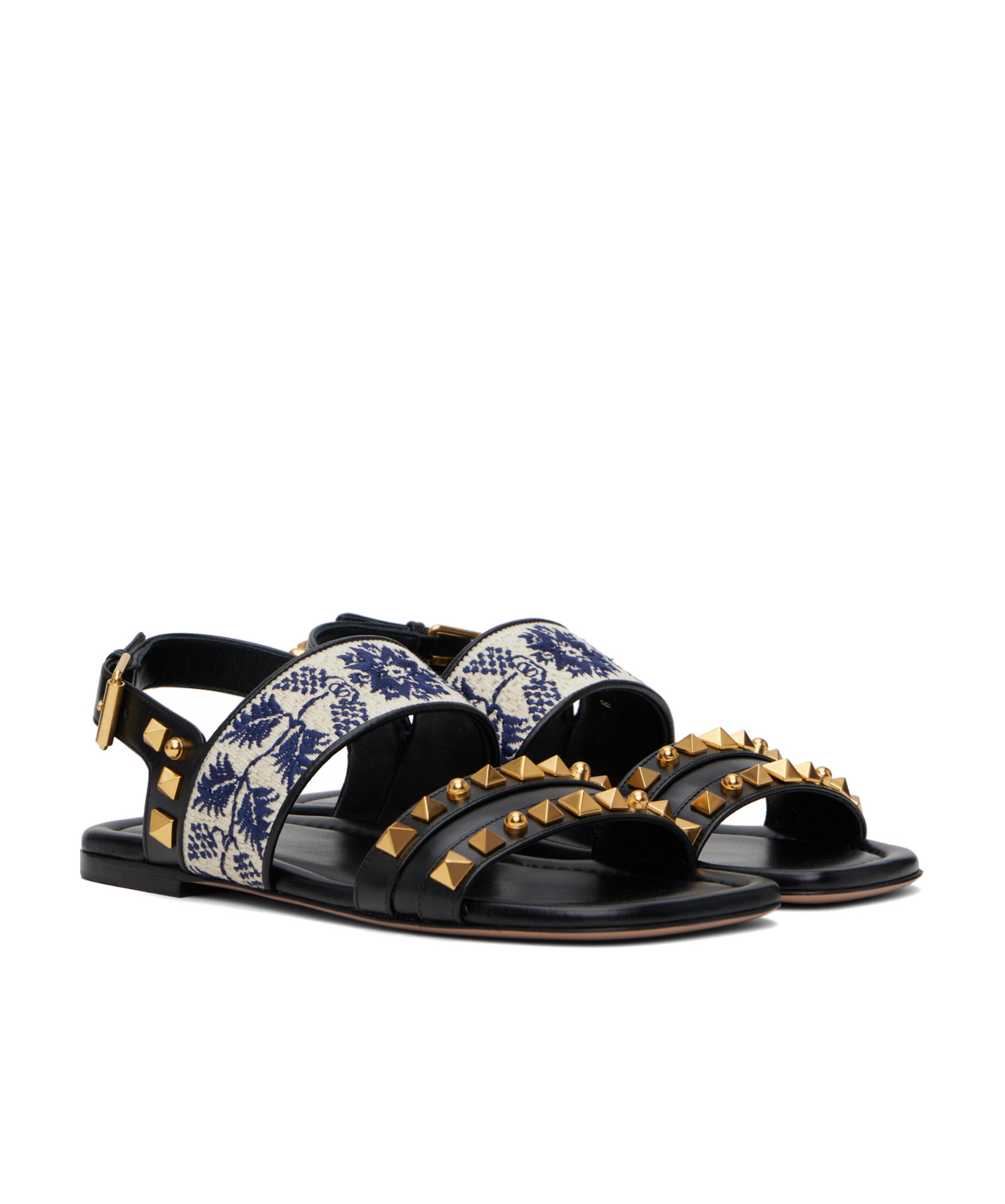 Valentino County Rockstud Floral-embroidered Leather Sandals In Black