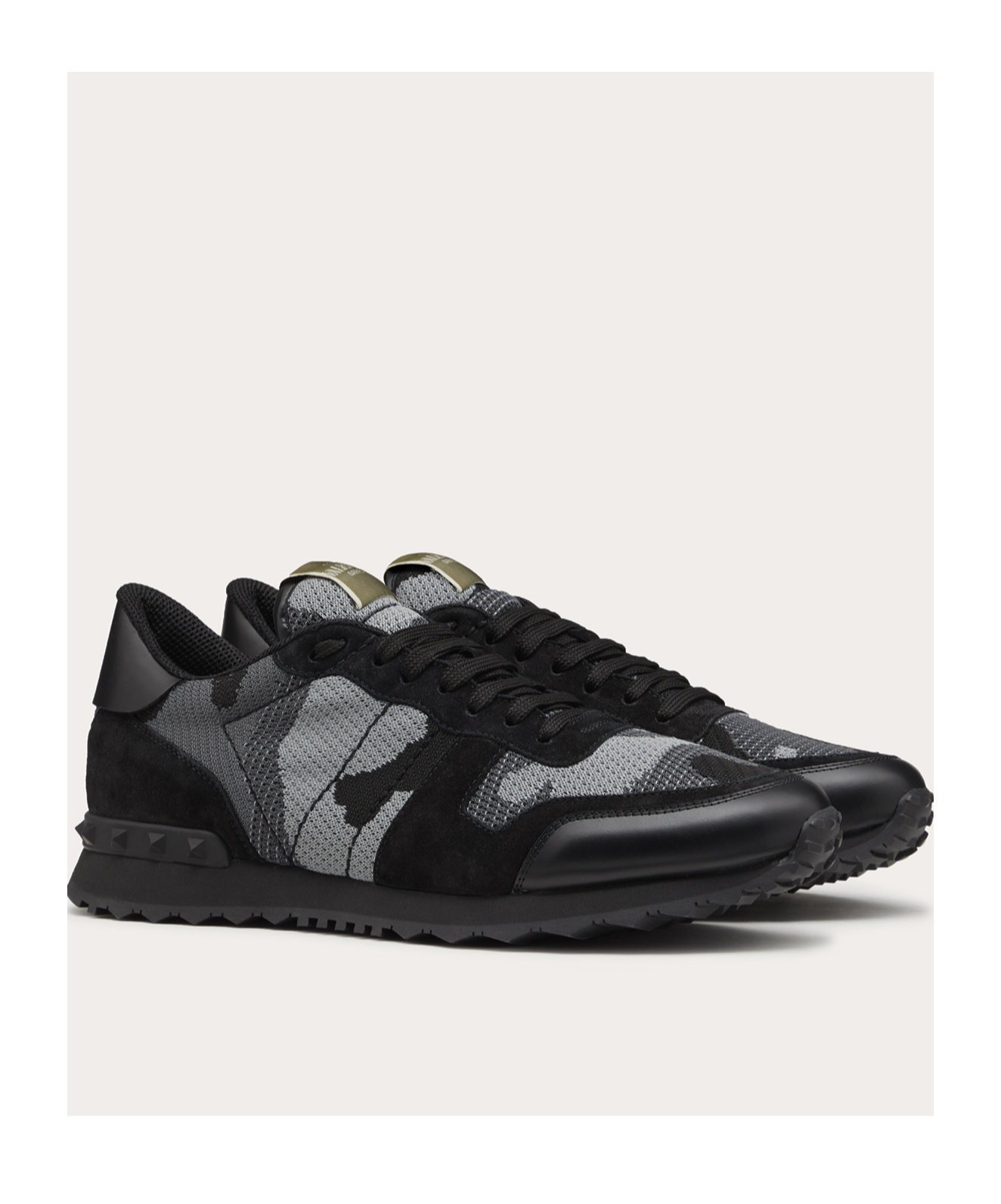 Valentino Garavani Mans Rockrunner Camouflage Noir Leather And Fabric Sneakers In Black