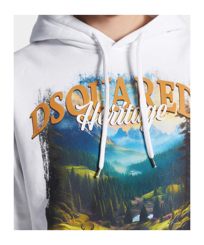 Dsquared2 Cotton Sweatshirt With Nature-inspired Print And Adjustable Hood In White