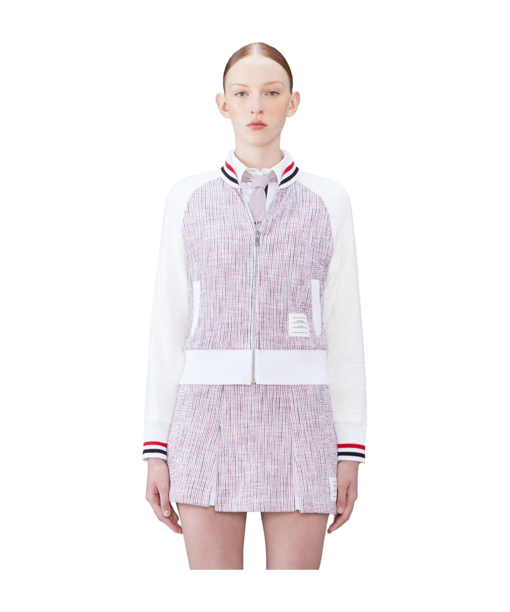 Thom Browne Rwb Stripe-print Tweed Jacket In White