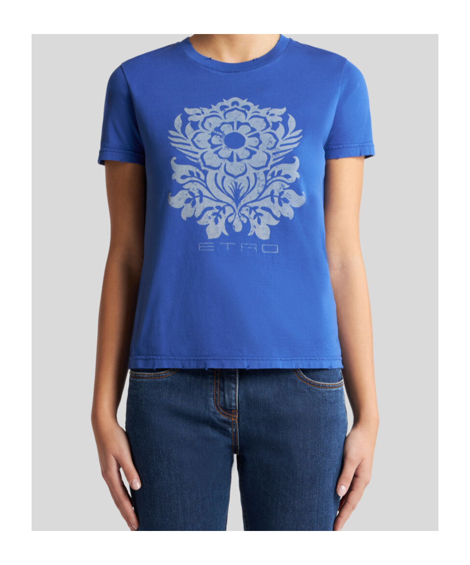 Etro T-shirt Aus Jersey Mit Blumen-print In Blue