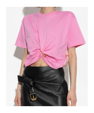 Versace Safety-pin Twisted Crop T-shirt With Underwater Barocco Silk Twill Back In Multi