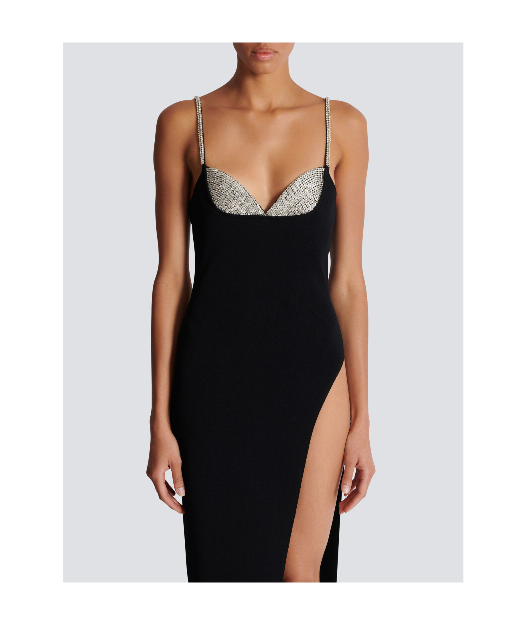 Balmain Long Embroidered Knit Dress With Leg Slit In Black