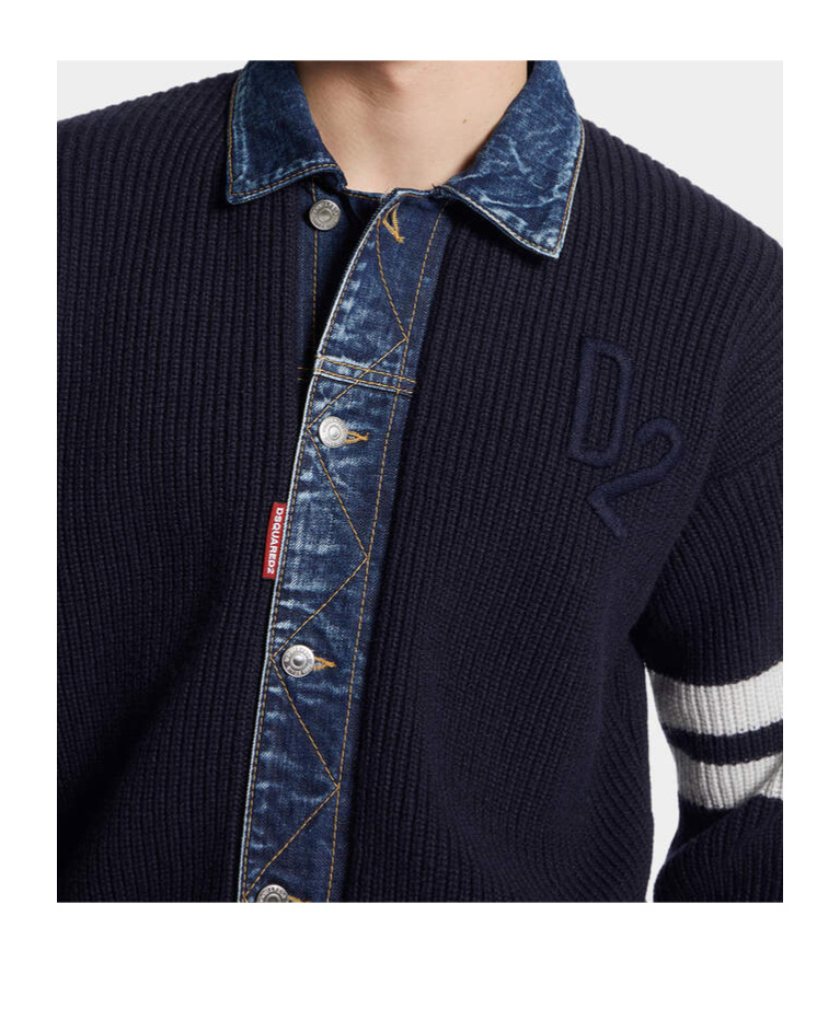 Dsquared2 Blue Cardigan With Denim Panels And Striped Details On The Sleeve In Wool And Cashmere Man In Blue