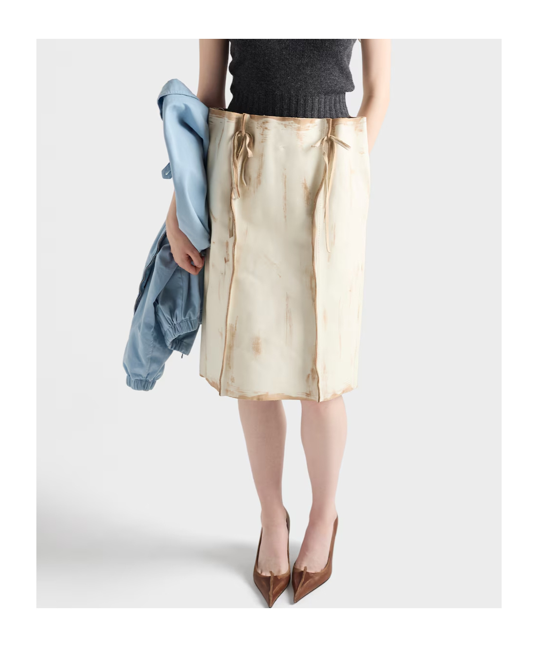 Prada Abstract Print Drawstring Waist Front Slit Skirt In White