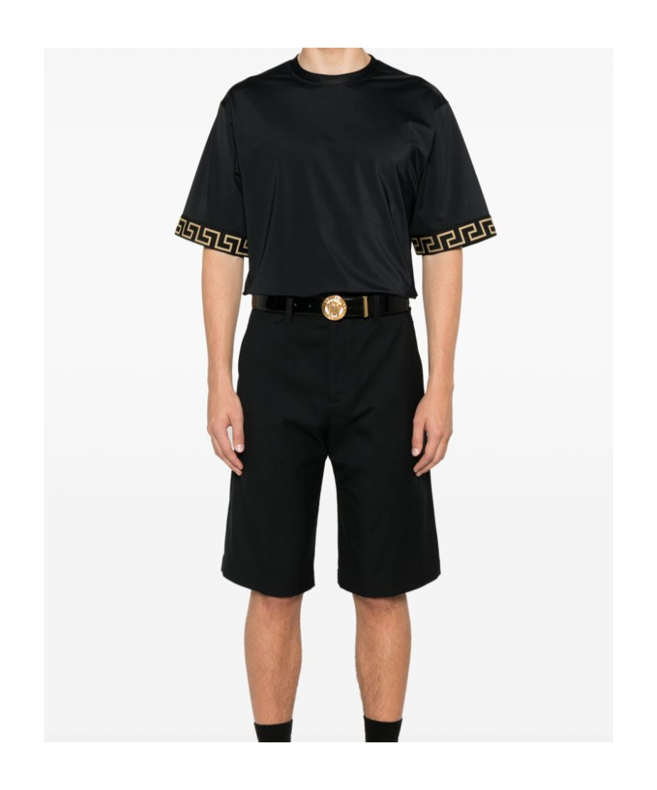 Versace Black Crewneckt-shirt With Contrasting Greca Motif In Stretch Polyamide Man In Black