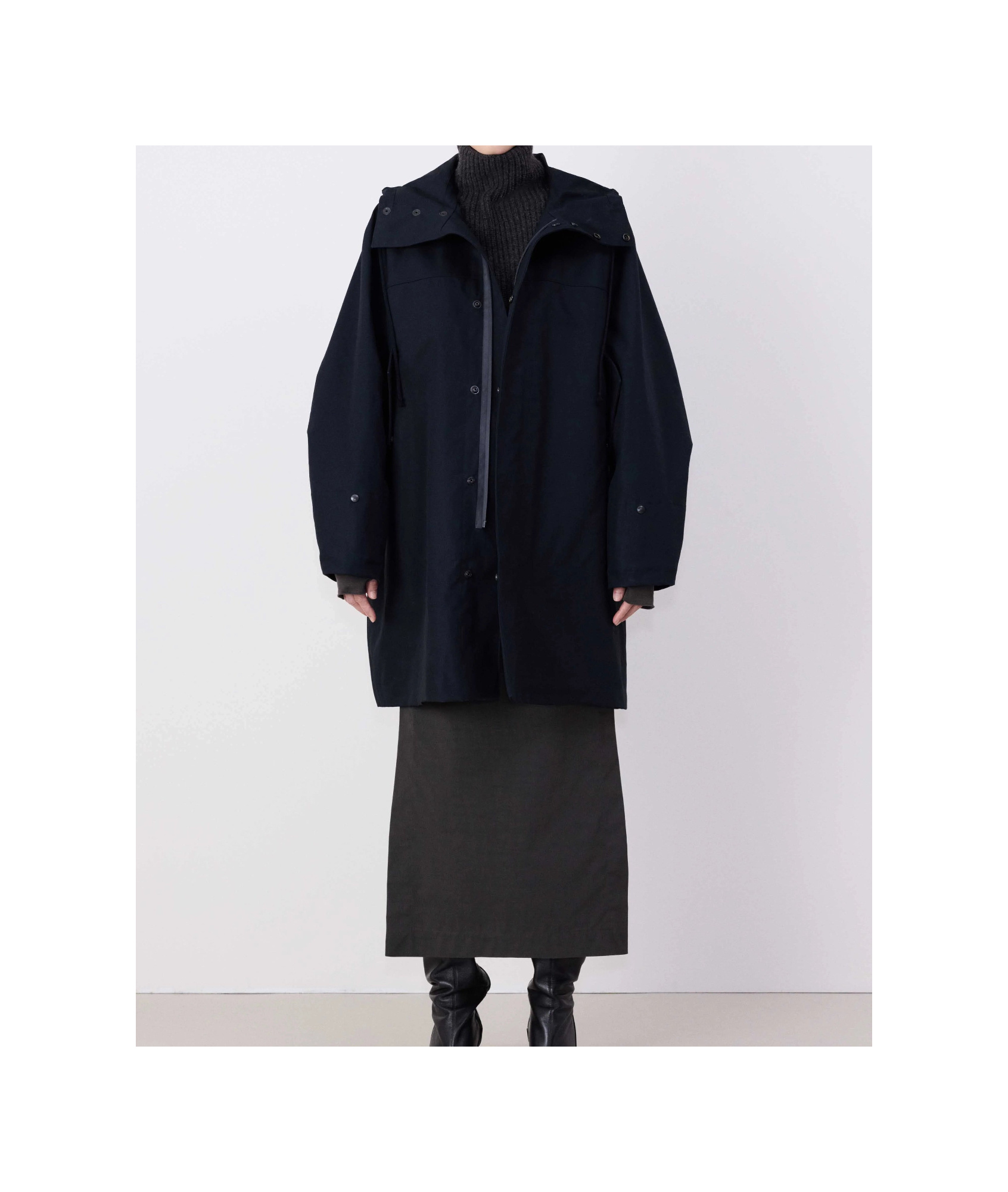 Lemaire High Neck Hooded Coat In Black