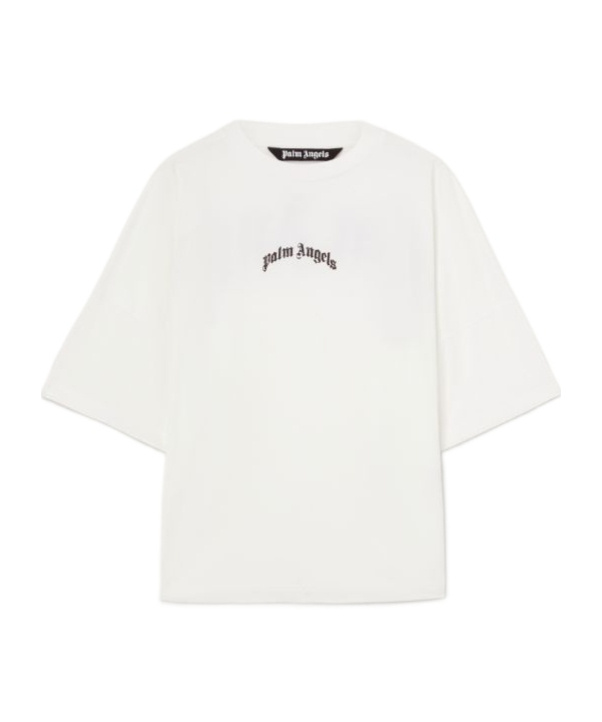 Palm Angels White Black Curved Logo T-shirt In White