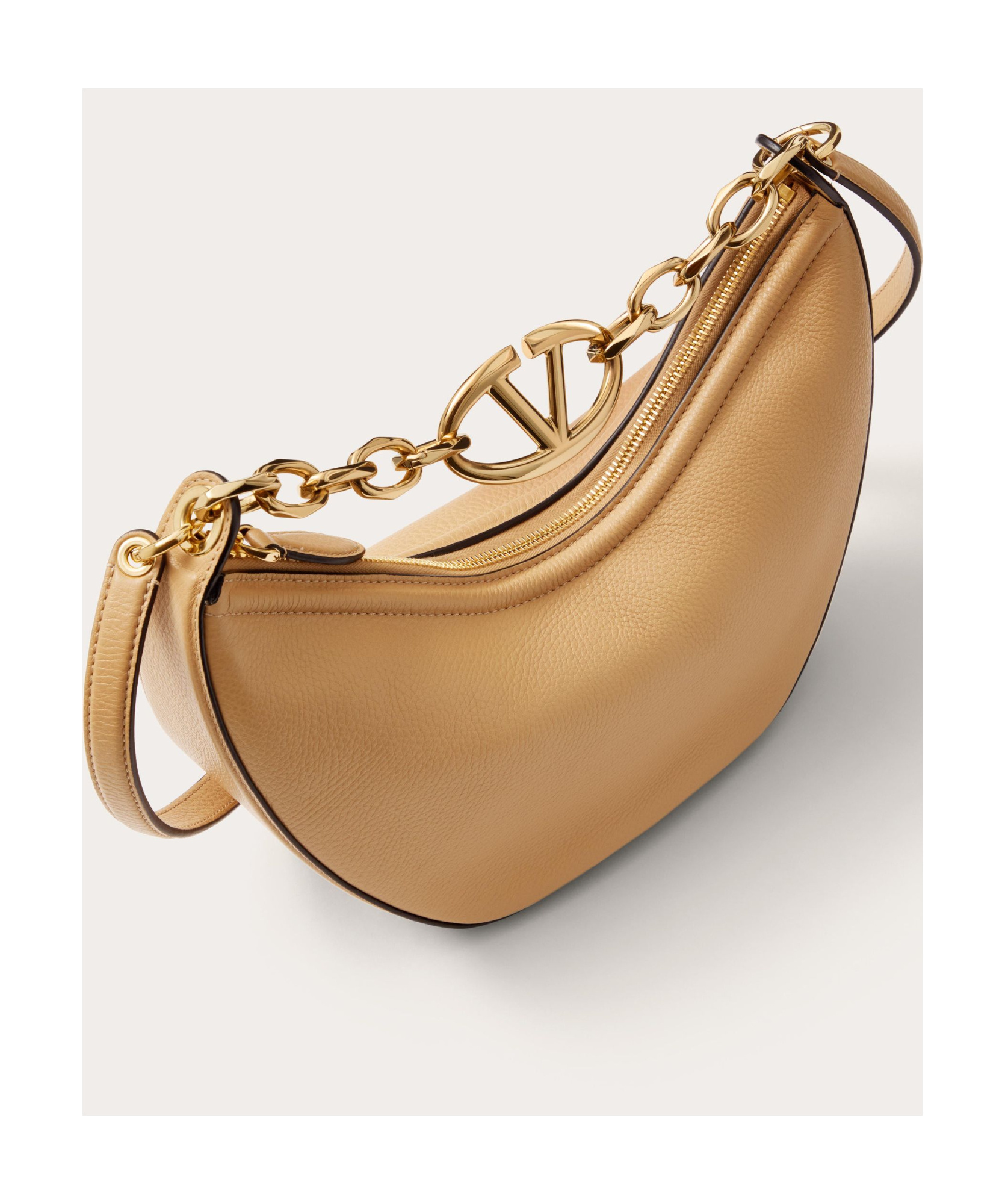 Shop Valentino Small Vlogo Moon Hobo Bag In Grainy Calfskin With Chain In Nude