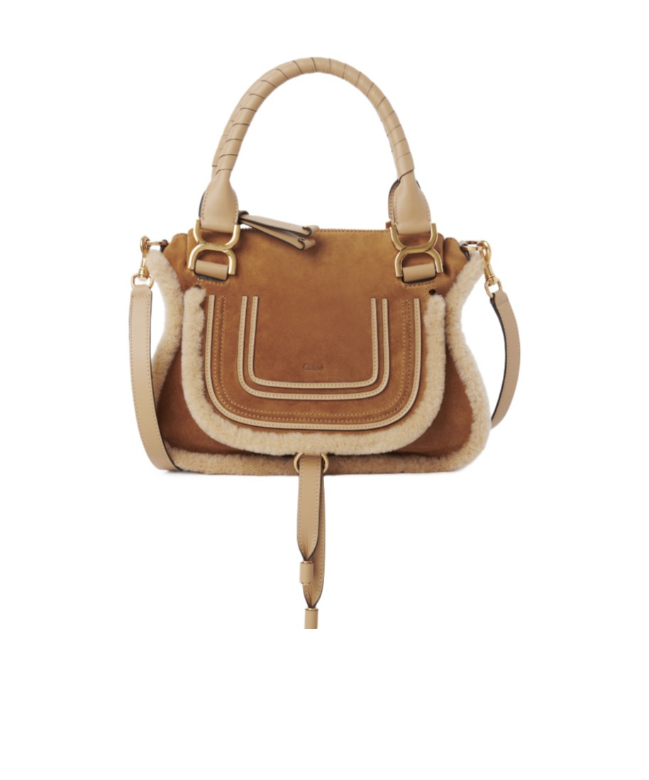 Chloé Marcie Small Leather And Shearling-trimmed Suede Shoulder Bag In Brown
