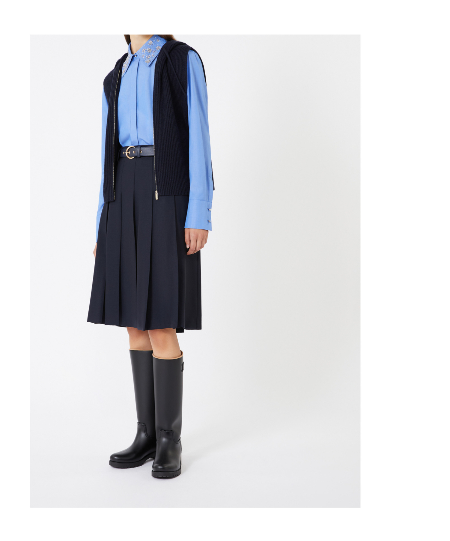 Max Mara Studio Belted Pleated Midi Skirt In Blue