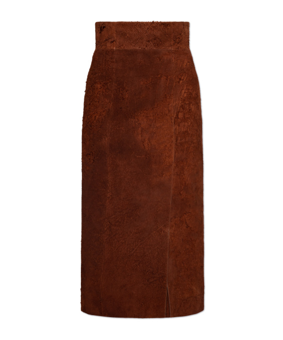 Alexander Mcqueen Womens Brown Brushed-suede Split Leather Midi Skirt In Brown