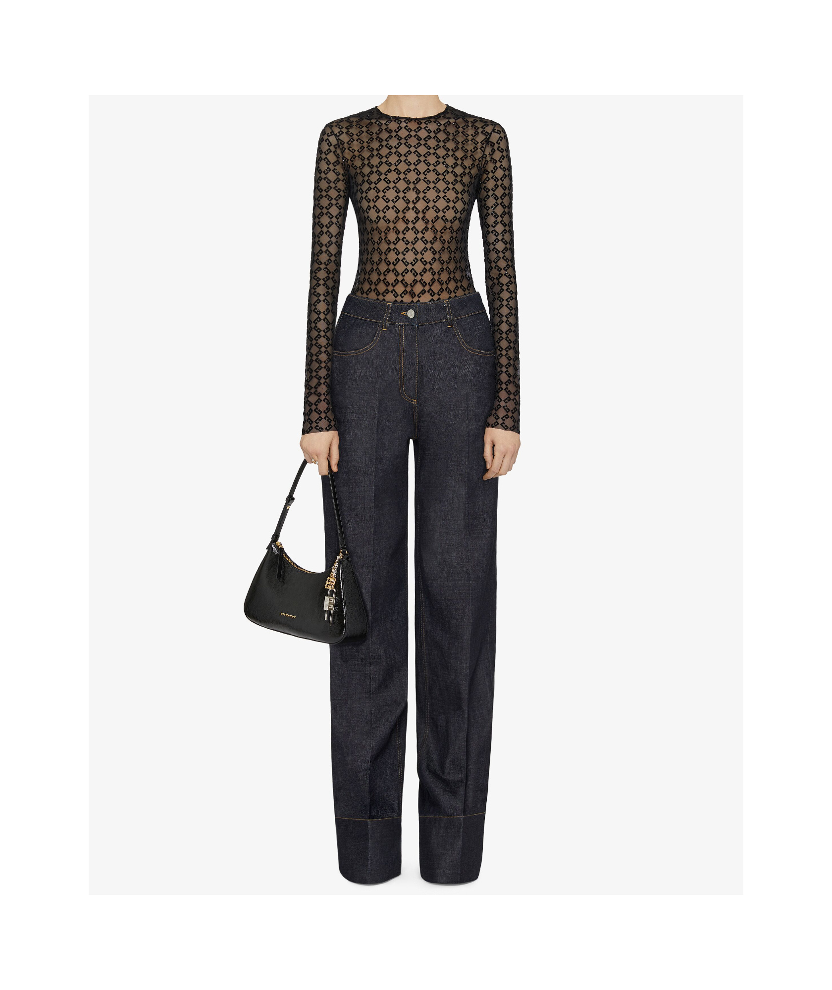 Shop Givenchy Bodysuit In Shiny Monogram 72 Tulle In Black