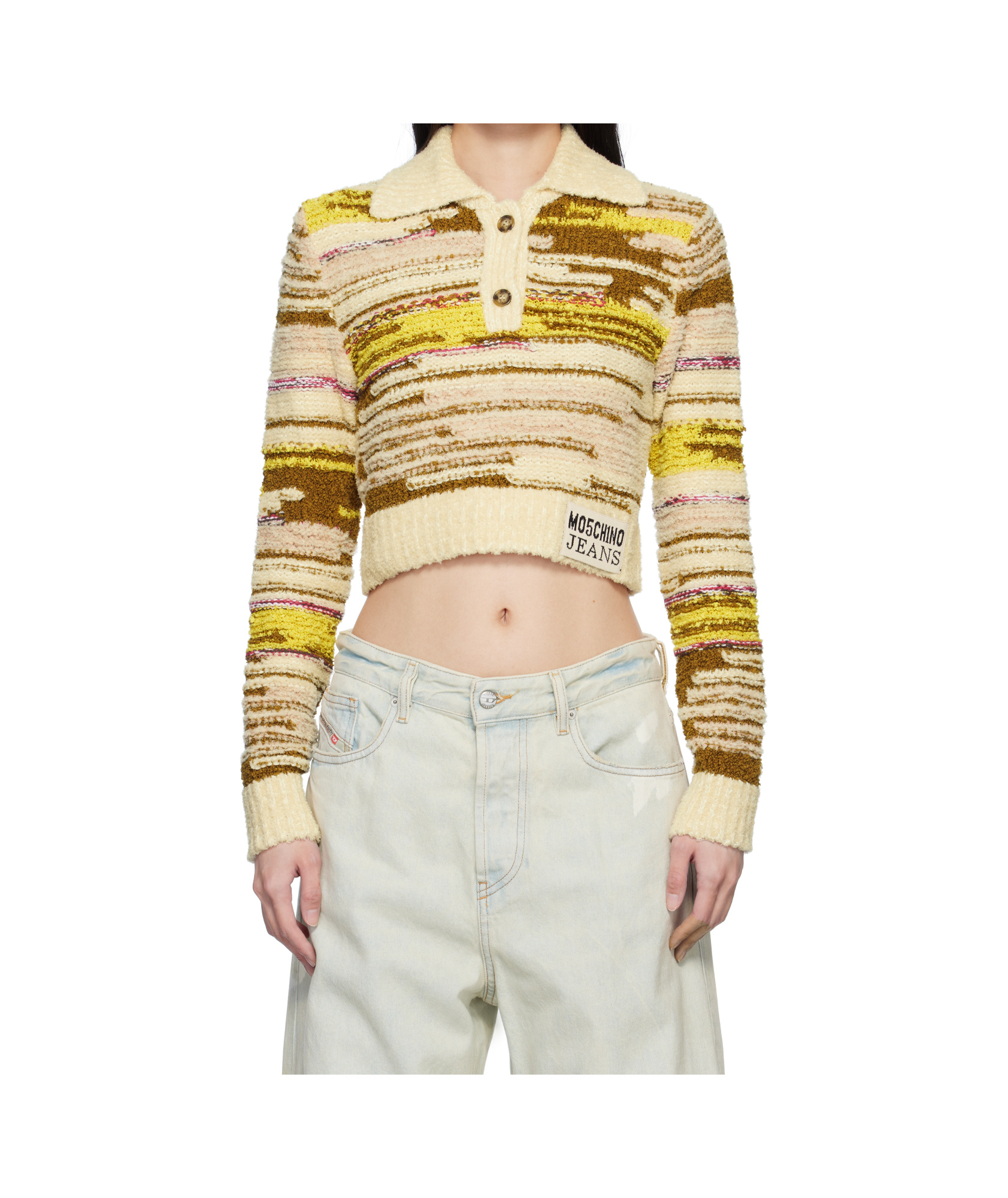Moschino Multicolor Cropped Cotton Nylon Pullover Polo In Nude