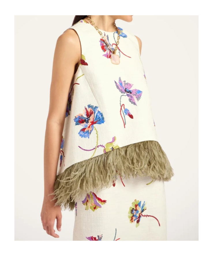 La Doublej Feather-trim Floral-print Top In White