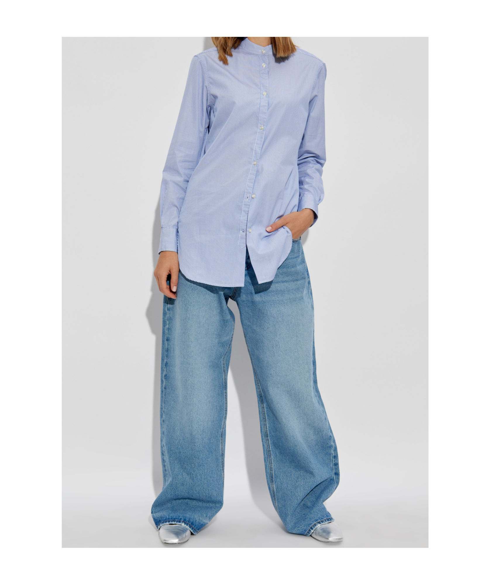 Officine Generale Striped Poplin Shirt In Blue