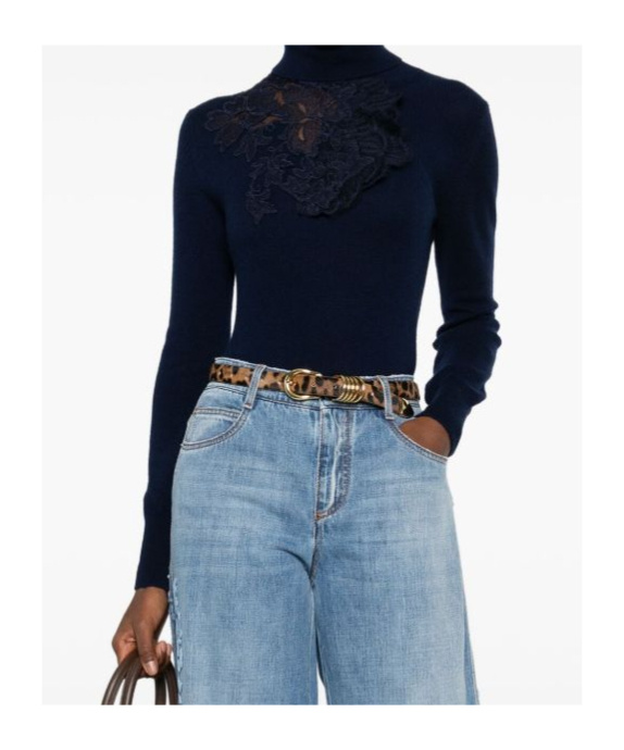 Ermanno Scervino High Neck Floral Lace Knitwear In Blue