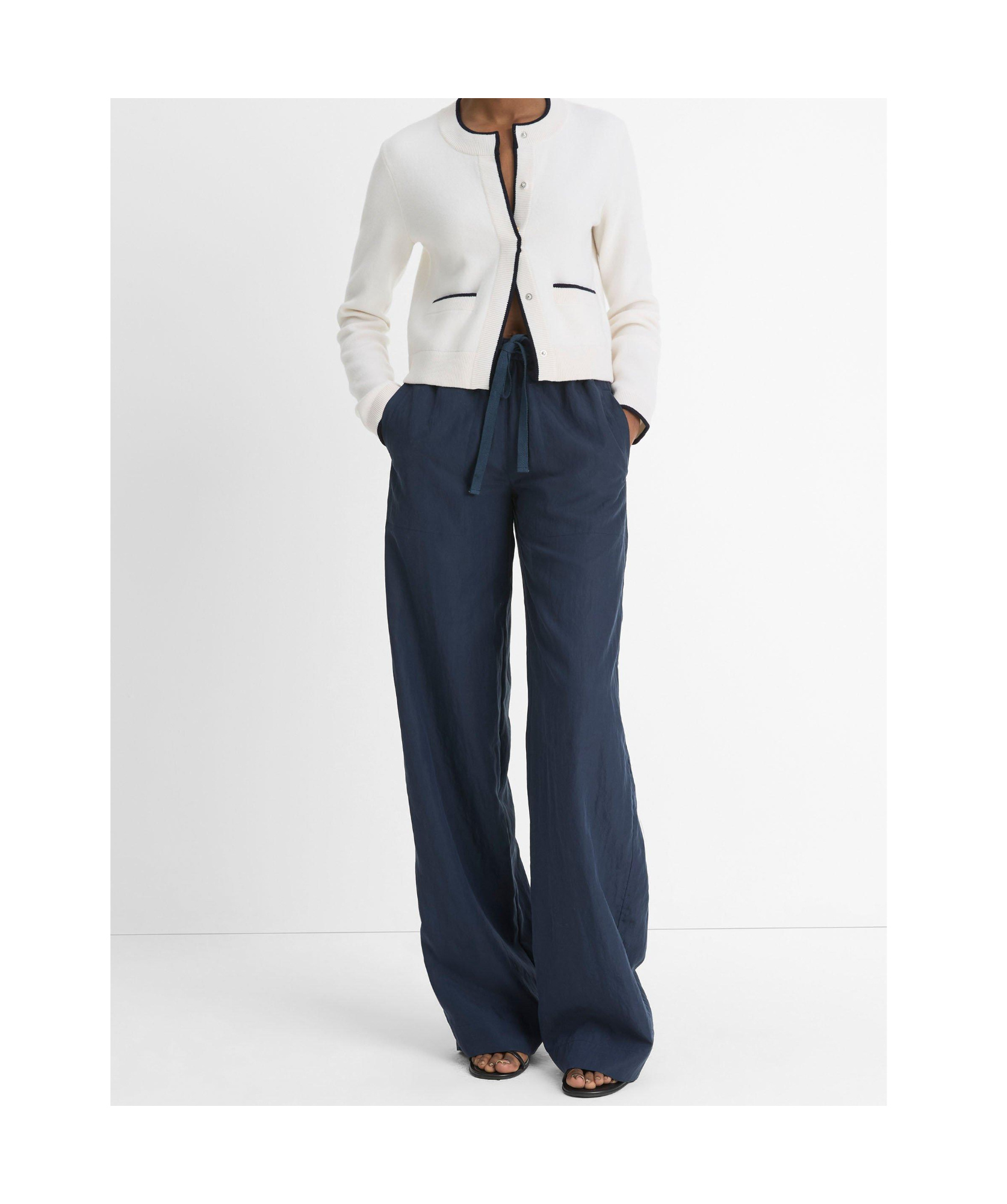 Vince Contrast Tipped Snap Front Cardigan In White