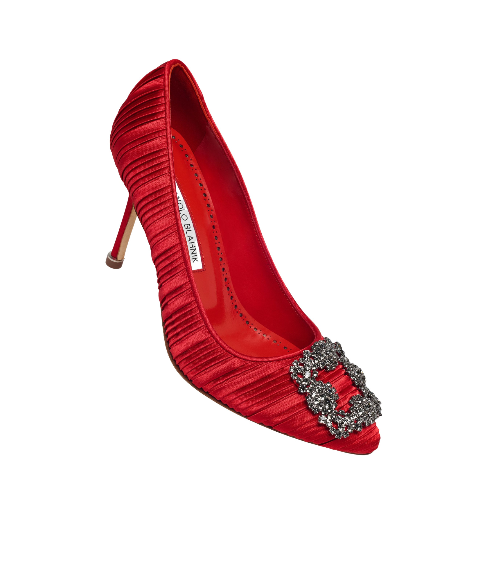 Manolo Blahnik Hangisi 90 Crystal Buckle Satin Pumps In Red
