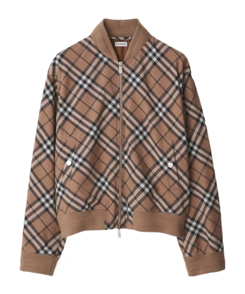 Burberry Check Print Wool Blend Harrington Jacket In Brown