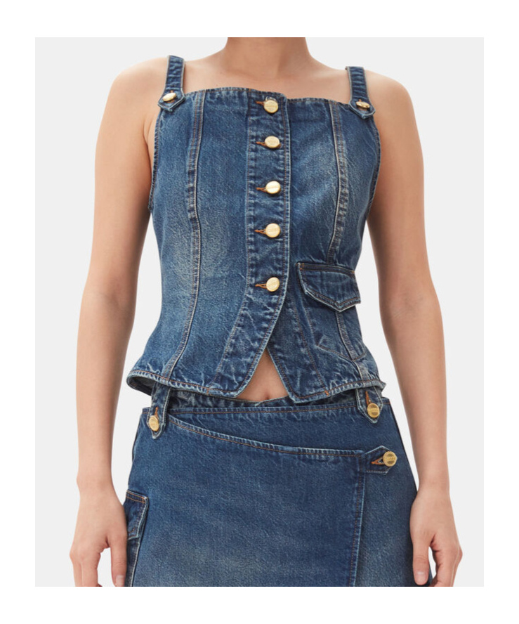 Ganni Blue Heavy Washed Denim Tank Top In Blue