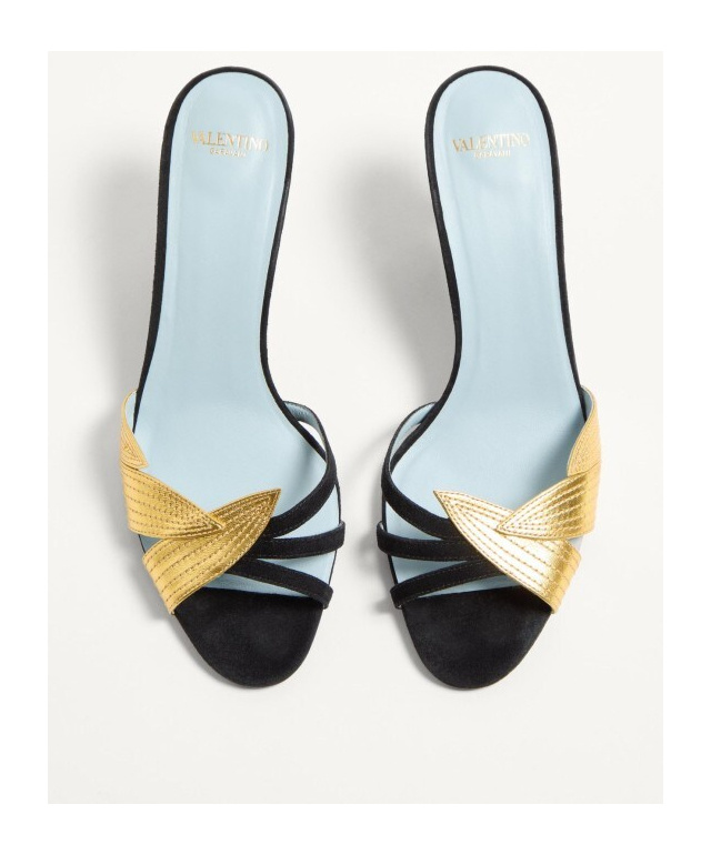Valentino Foliefoliage 65 Suede Sandal In Black/gold