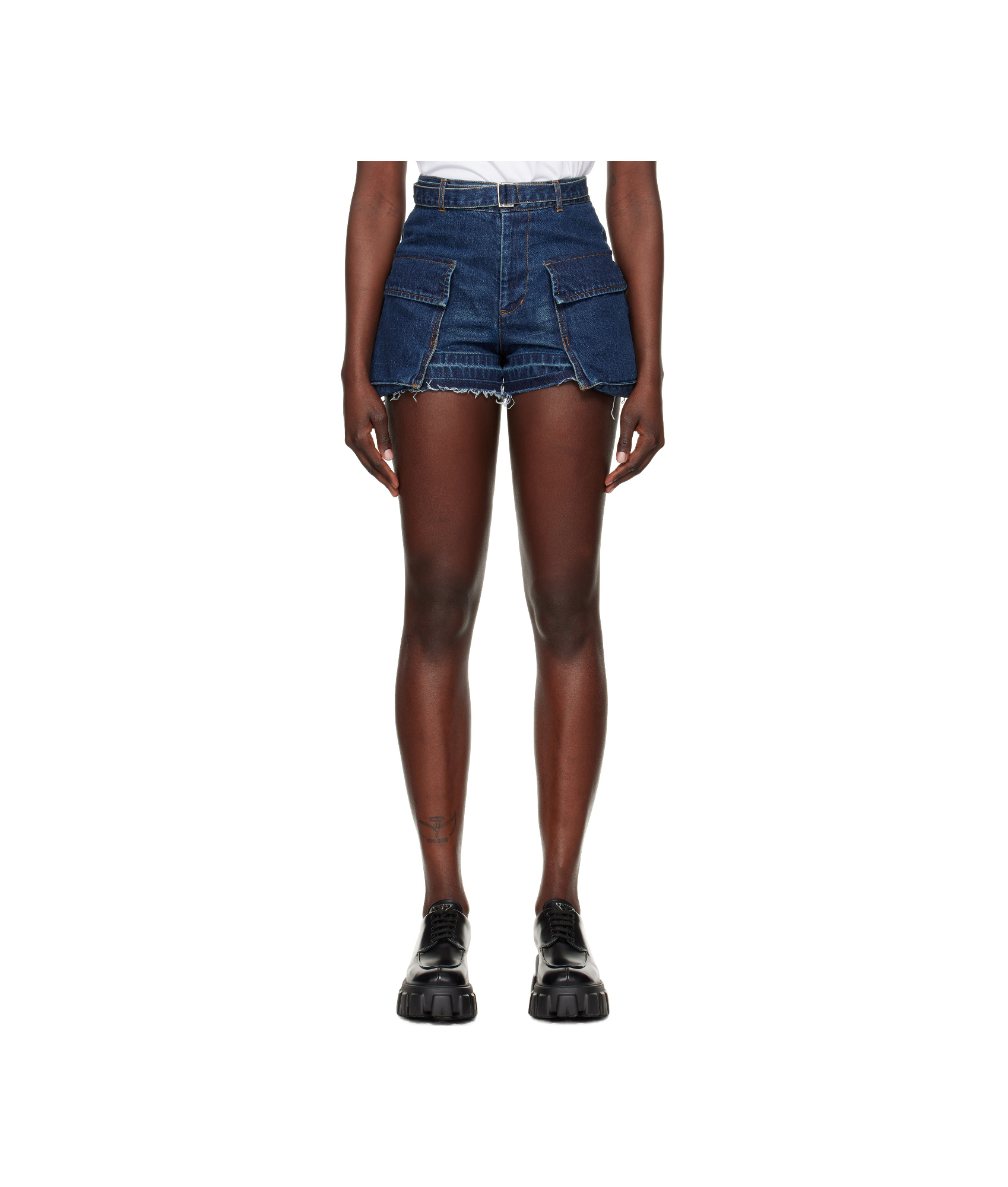 Sacai Blue Belted Denim Shorts In Brown