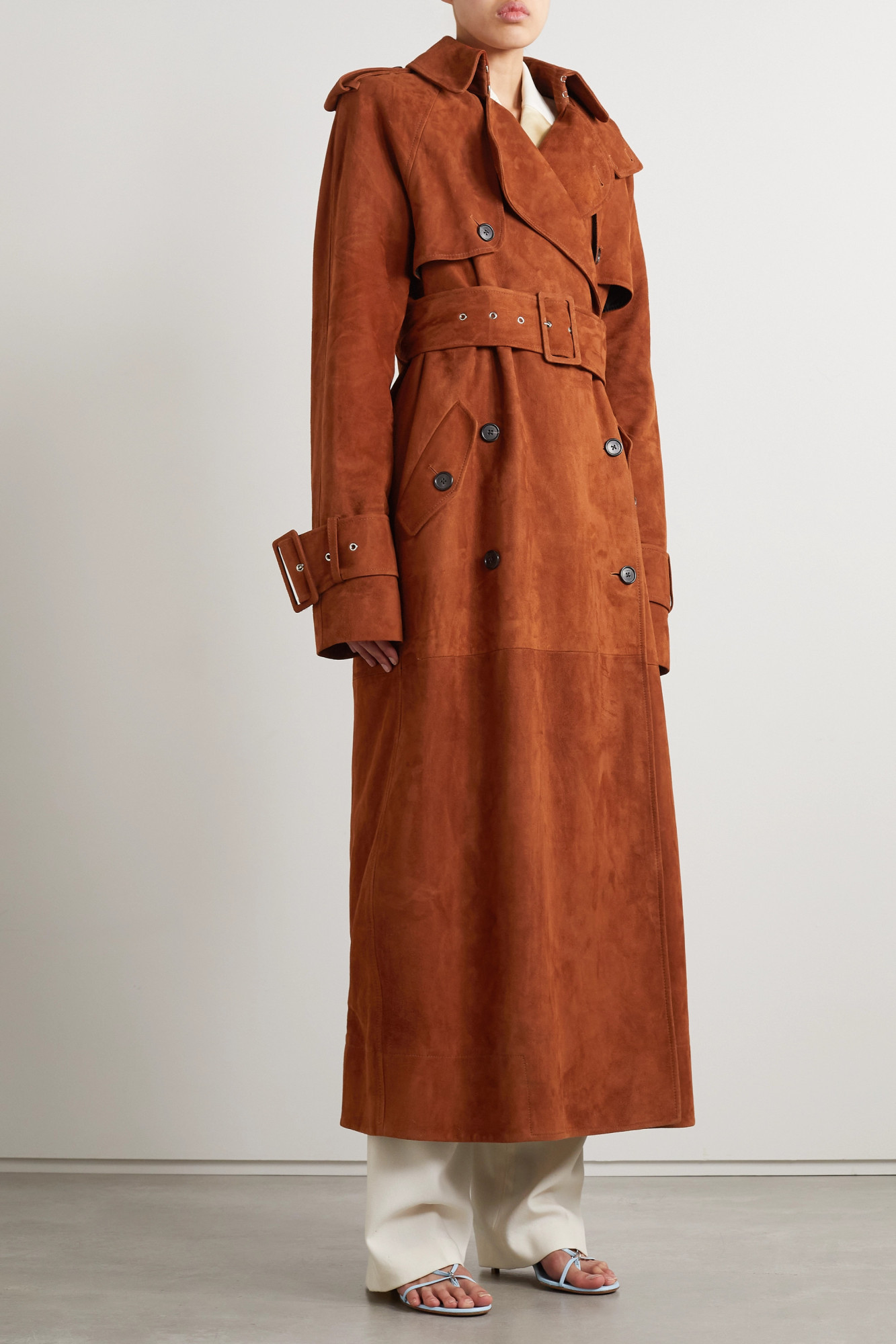 Khaite Rennie Suede Maxi Trench Coat In Brown