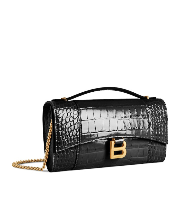Balenciaga Hourglass Croc-effect Patent-leather Shoulder Bag In Black