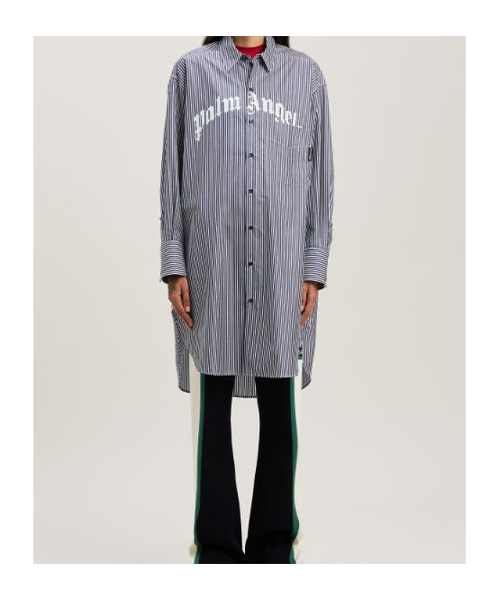 Palm Angels Striped Logo Print Midi Shirt Dress In Navy Blue - Off White