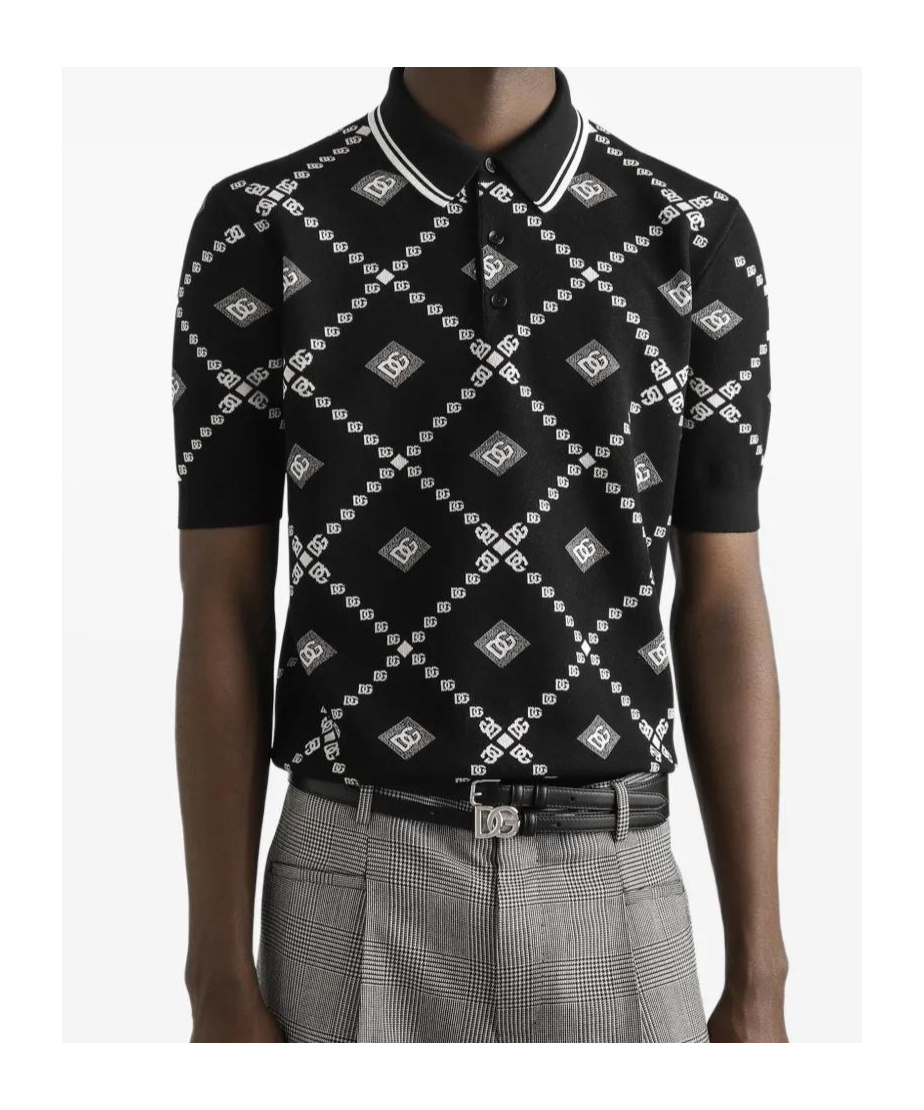 Dolce & Gabbana Men Wool And Silk Polo Shirt With Logo Monogram In Black