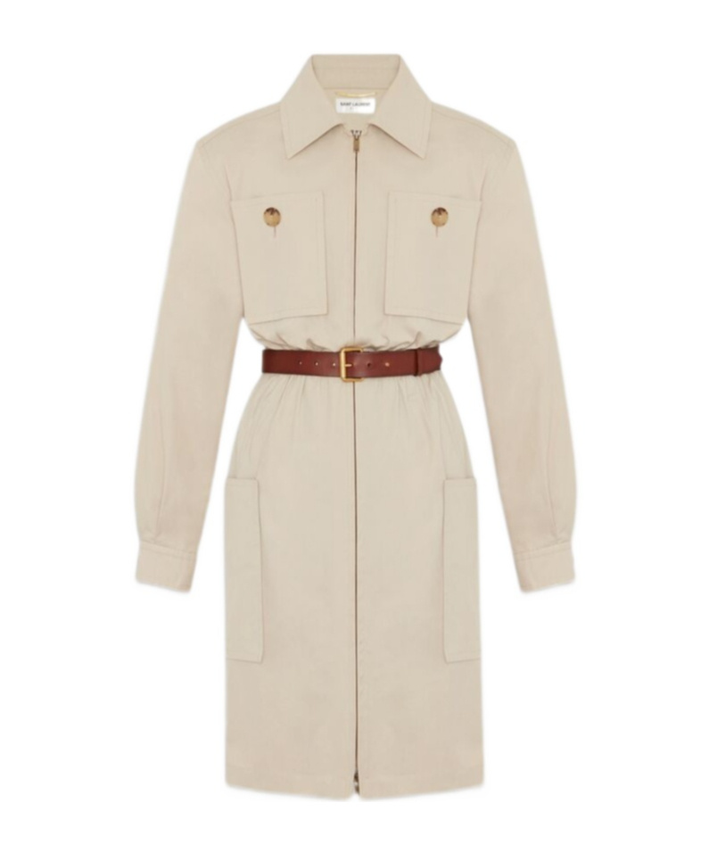 Saint Laurent Saharienne Belted Cotton Dress In Nude