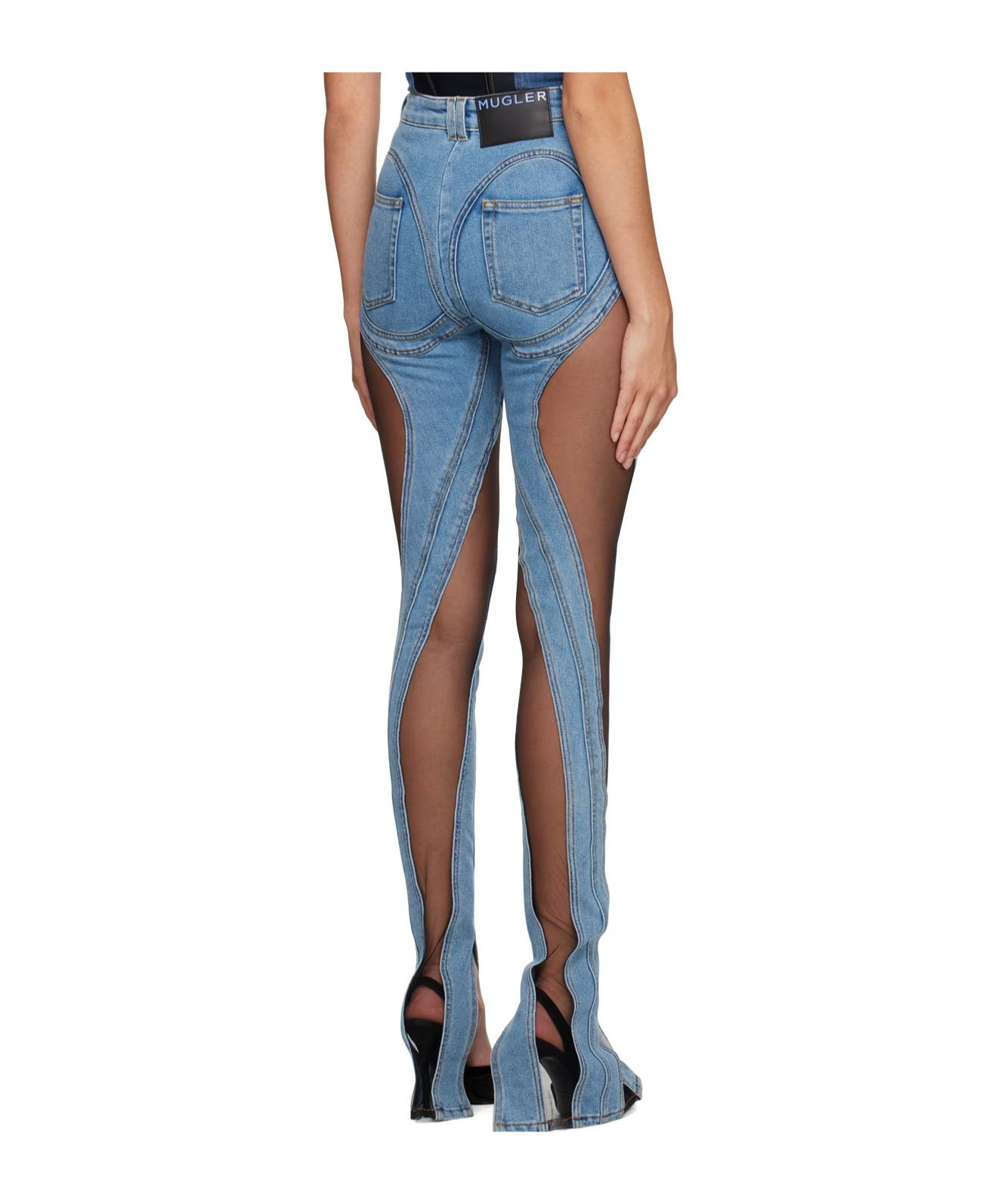 Mugler Stitched Design Denim Pants In Blue