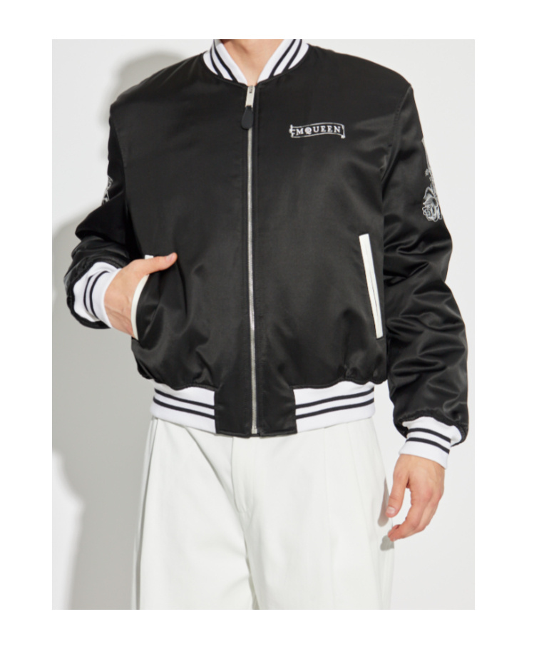Alexander Mcqueen Rose-embroidery Satin Bomber Jacket In Black