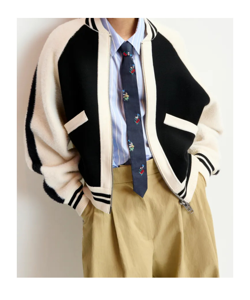 Essentiel Antwerp Black And White Faux Fur-panelled Knitted Bomber Jacket In Multi