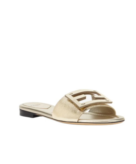 Shop Fendi Metallic Champagne-colored Leather Slides In Nude