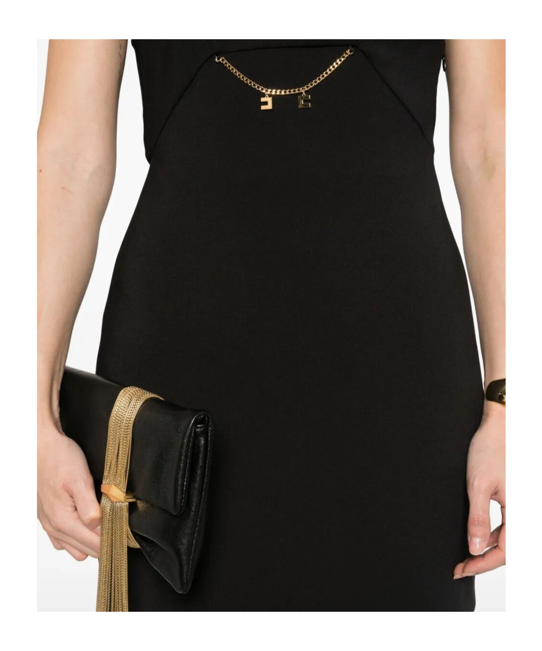 Elisabetta Franchi Sleeveless Round Neck Mini Fitted Chain Dress In Black