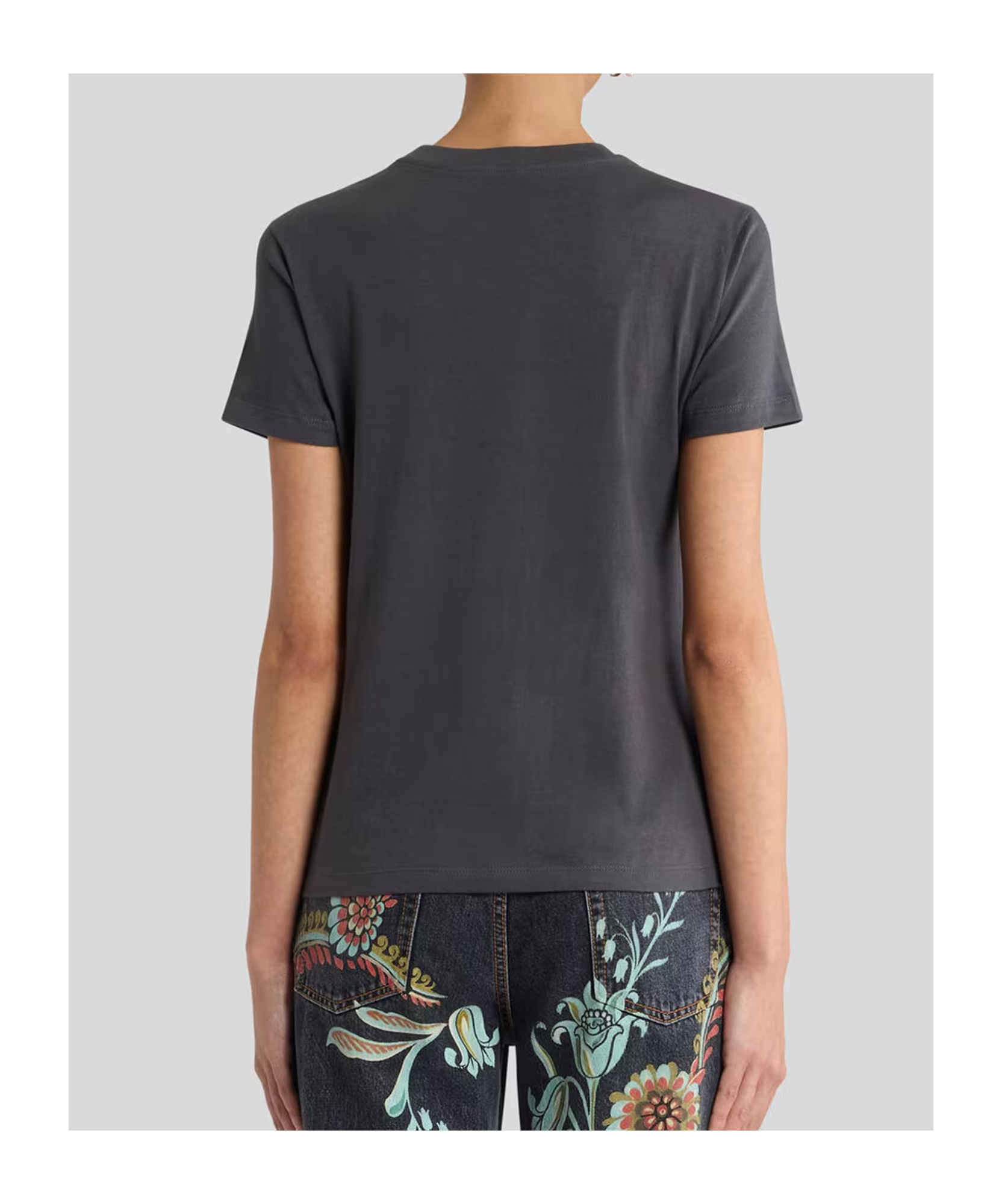 Etro Cotton T-shirt With Sequin Embroidery In Gray