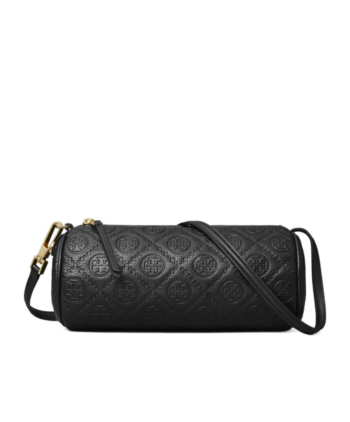 Tory Burch T Monogram Pebble Leather Cylinder Shoulder Bag In Black