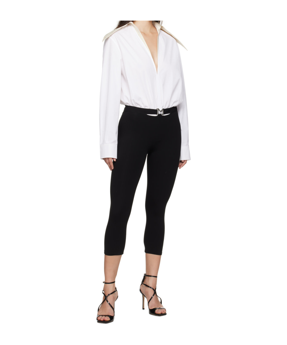 Mugler White Spiky Satin Collar Bodysuit In White