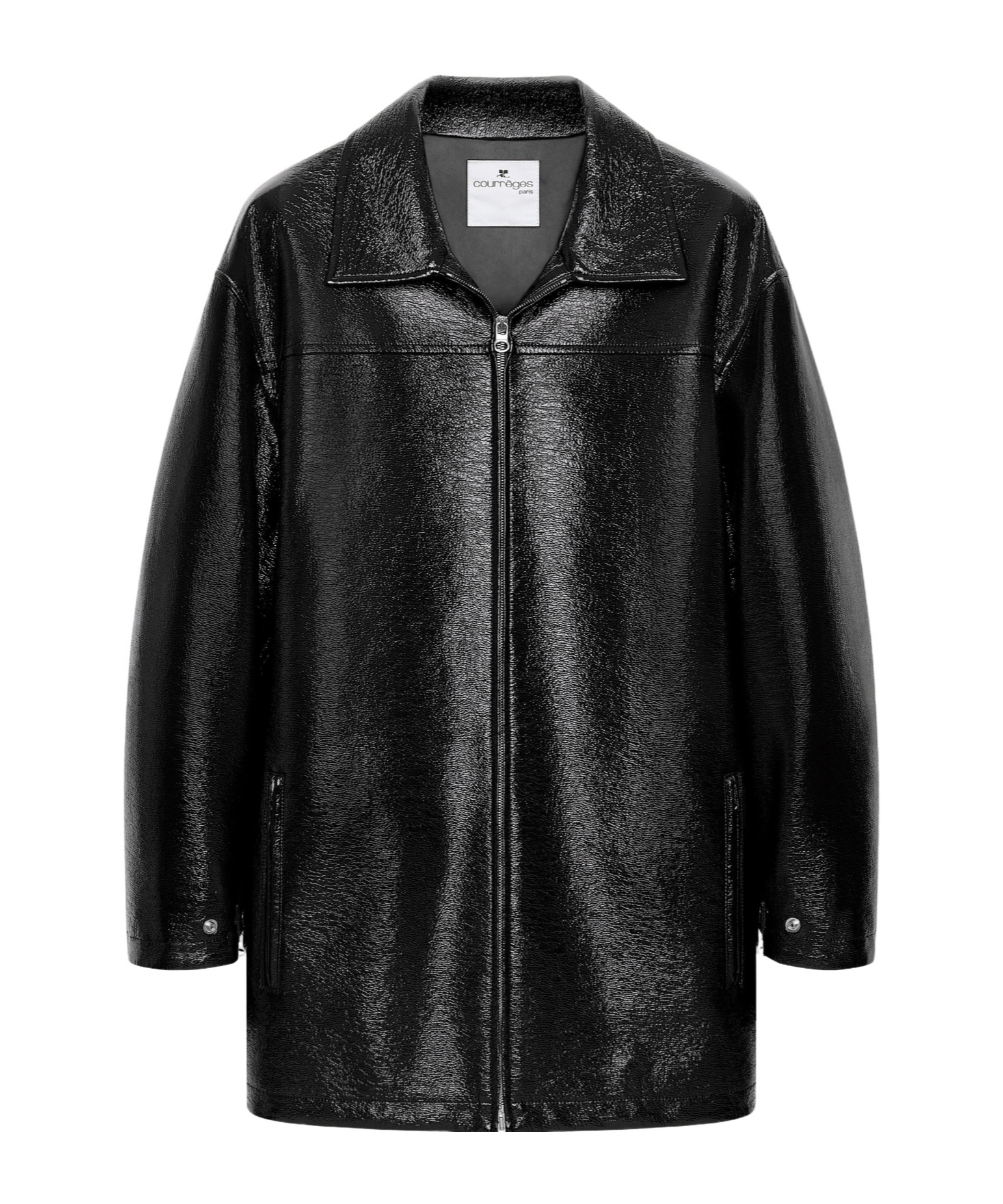 Courrèges Long Vinyl Bomber Jacket With Belted Waist In Black