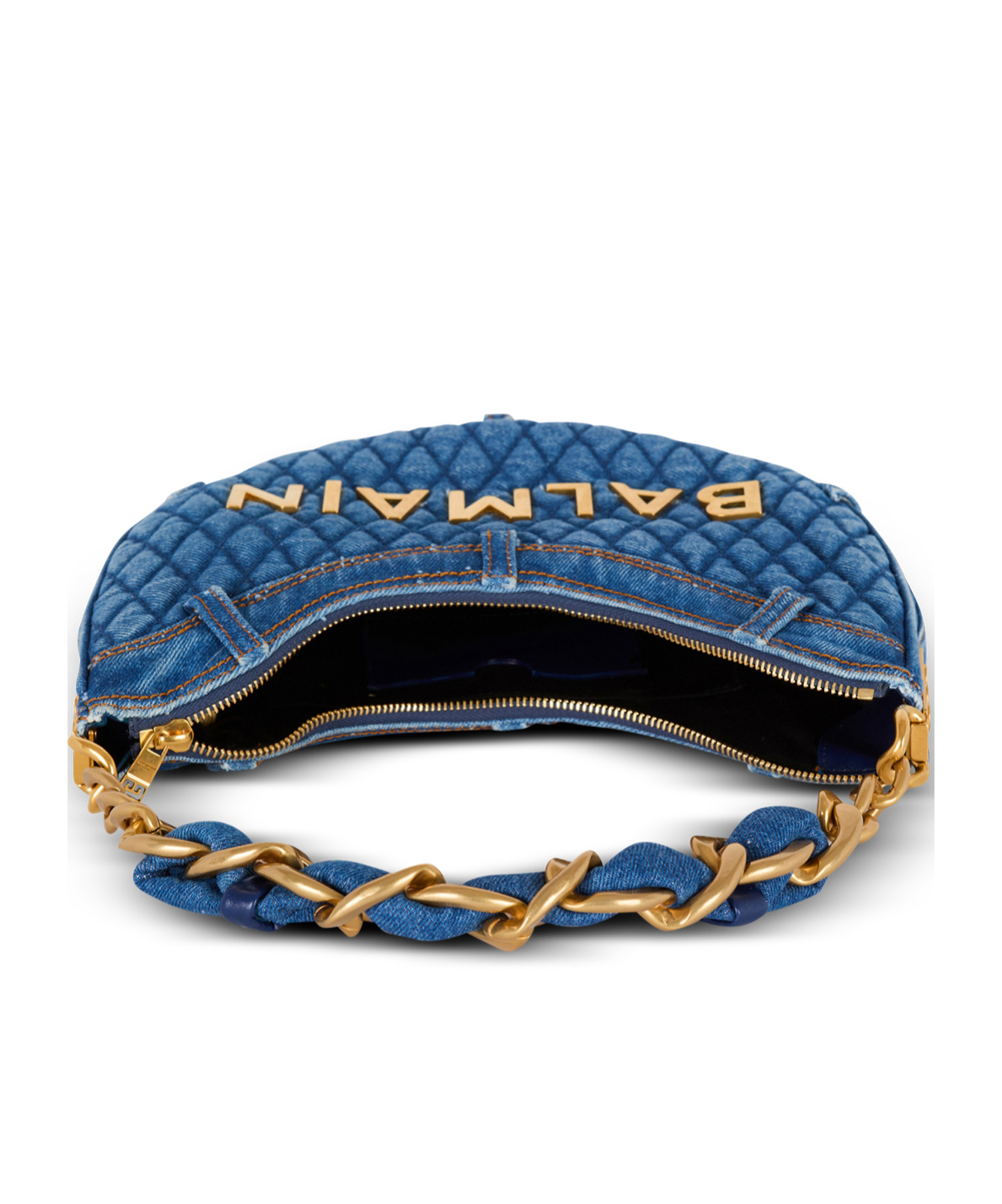 Shop Balmain 1945 Soft Moon Bag In Diamond-quilted Denim In Blue