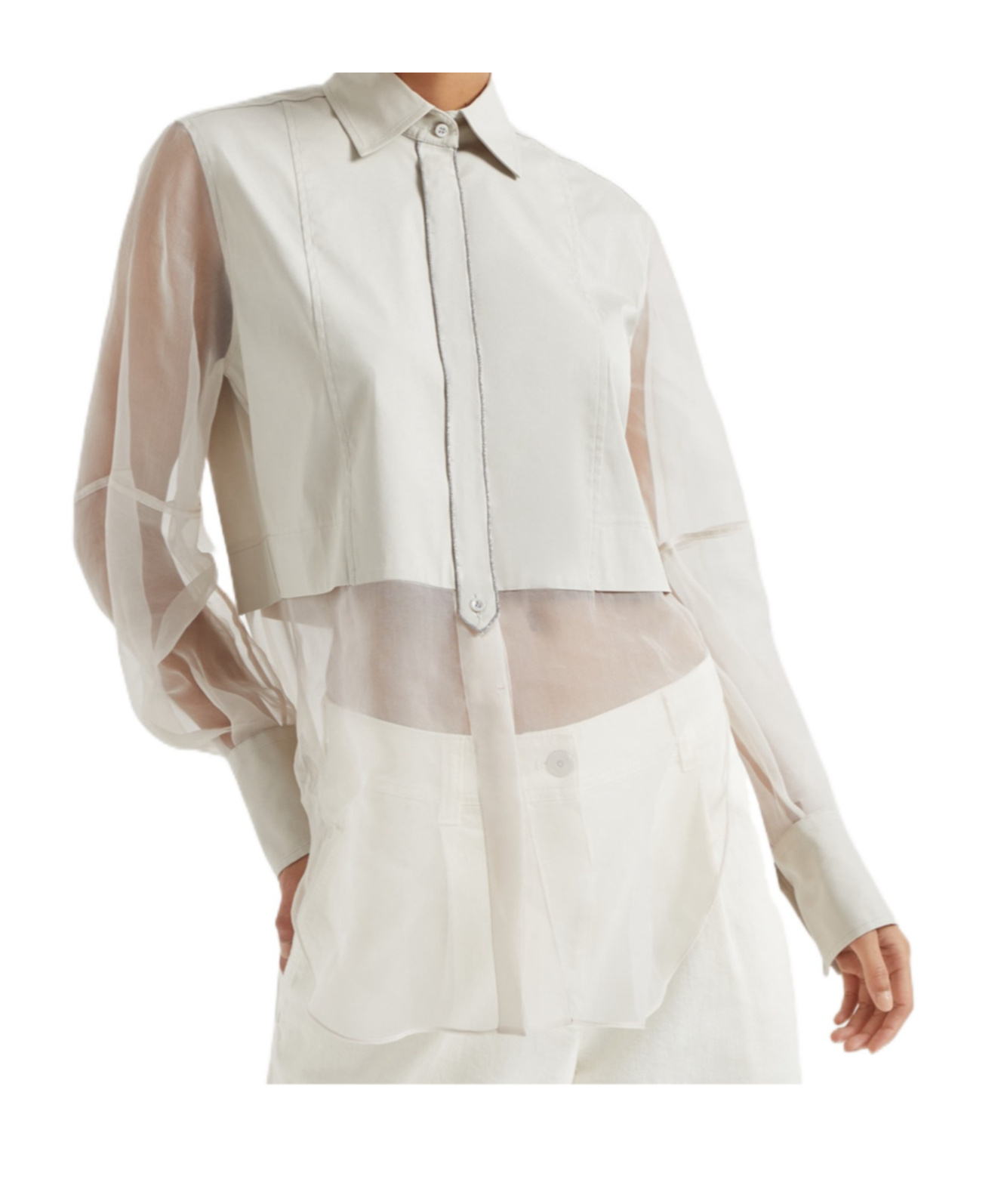 Brunello Cucinelli Panelled Long-sleeved Poplin Shirt In White