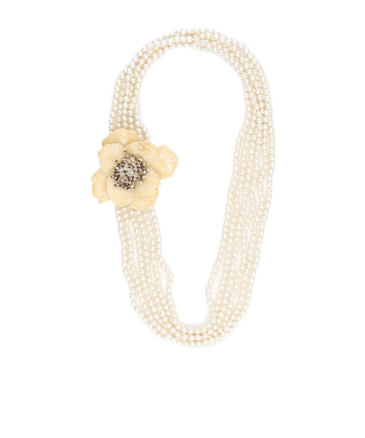 Valentino Garavani Fleur Lumineuse Necklace In Metal Enamel Pearls And Fabric Woman Multicolour Uni In White