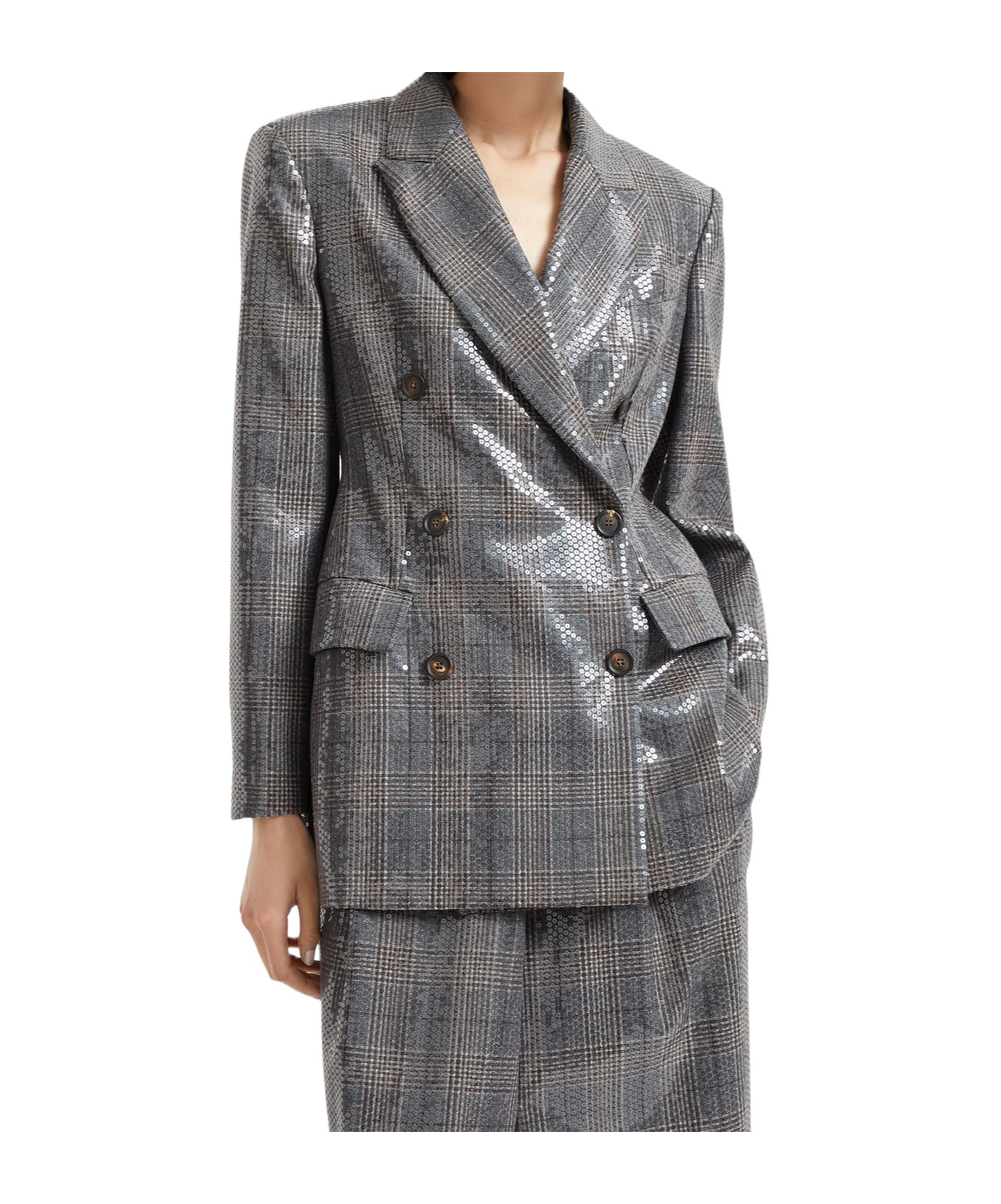 Brunello Cucinelli Glam Check Sequined Double-breasted Blazer In Gray