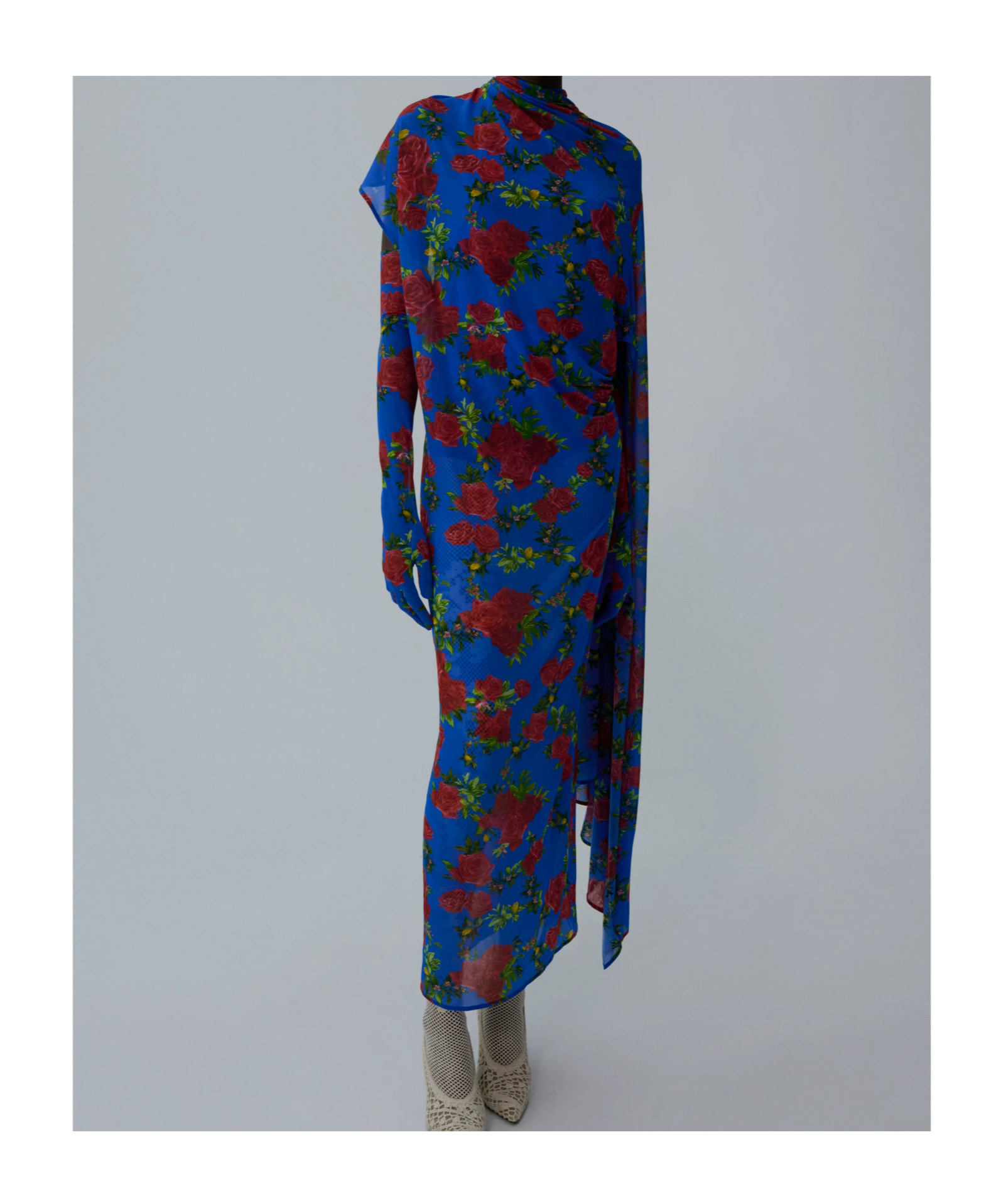 Magda Butrym Asymmetric Drape Gown In Blue Floral Print In Blue