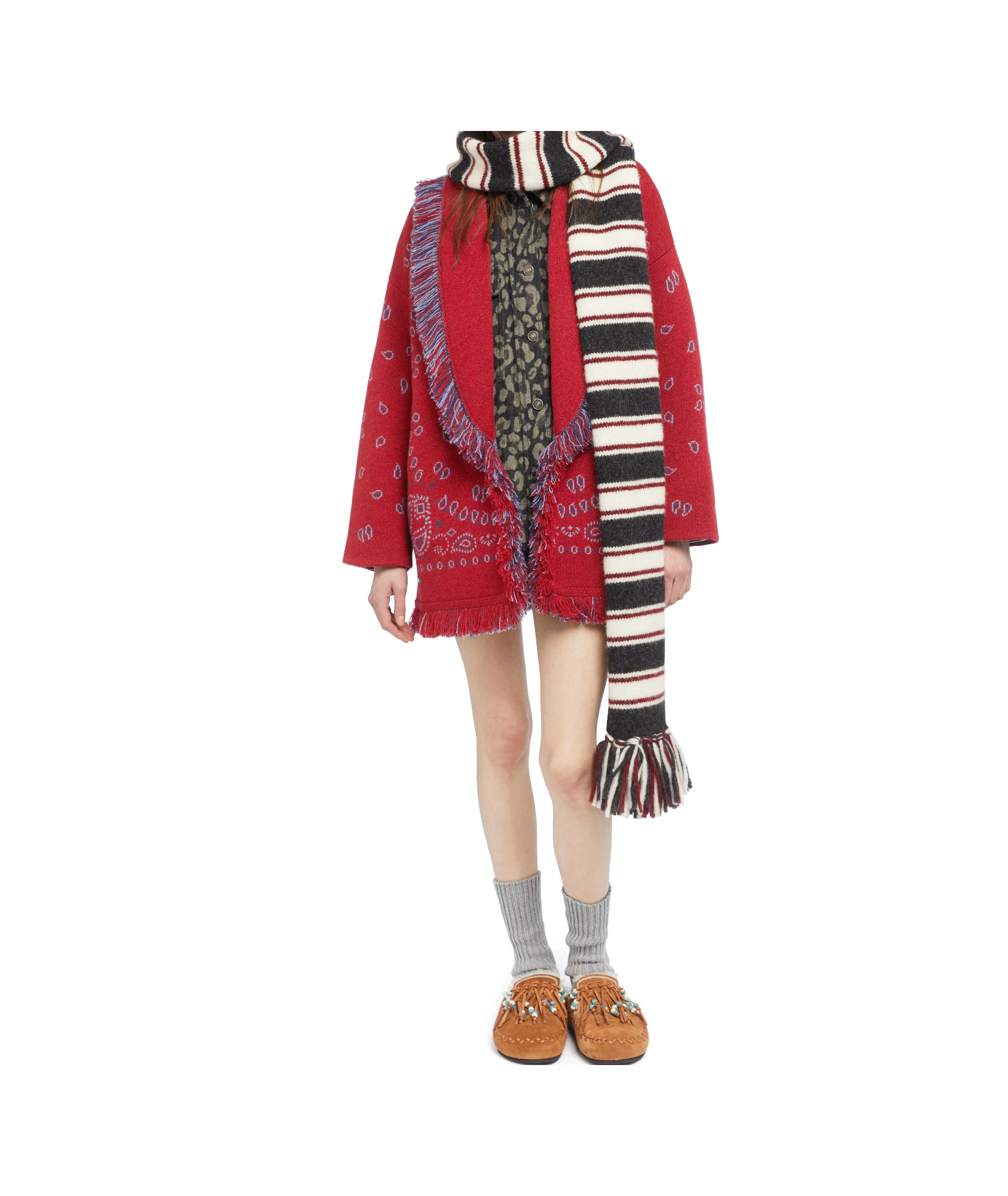 Alanui Bandana-jacquard Fringe Cardigan In Red
