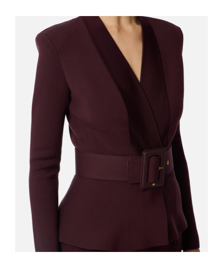 Elisabetta Franchi Tailored Peplum Jacket Belted Waist In Burgundy