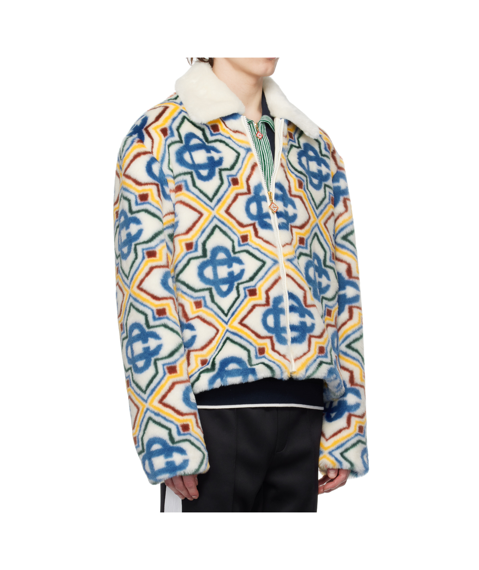 Casablanca Collared Faux Fur Jacket Olympic Diamond Monogram In Multicolor
